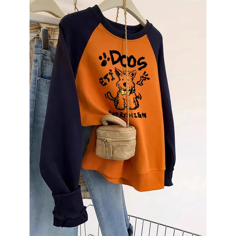 胖mm200斤大码卡通减龄撞色插肩长袖卫衣女秋冬显瘦宽松加绒上衣