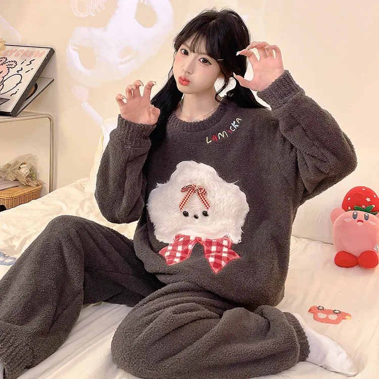 16-18岁女高中生睡衣冬半边绒圆领加绒保暖可爱套装珊瑚绒家居服