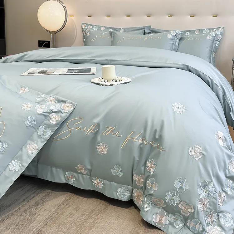 轻奢新款A类母婴级长绒棉纯棉刺绣四件套简约200支100%全棉床品11