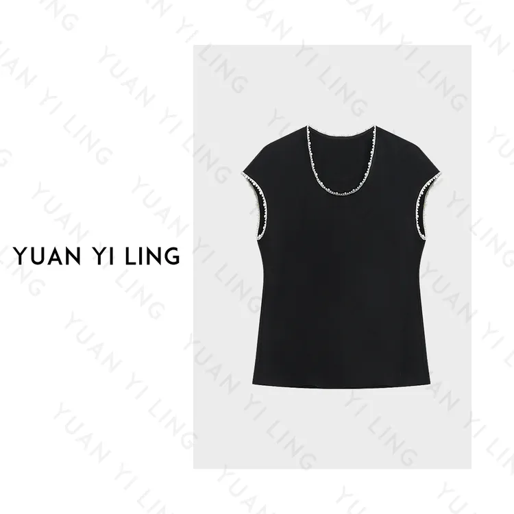 袁艺灵【珍珠之吻】25夏季上新 白色珍珠撞色拼接优雅感女装短袖T恤