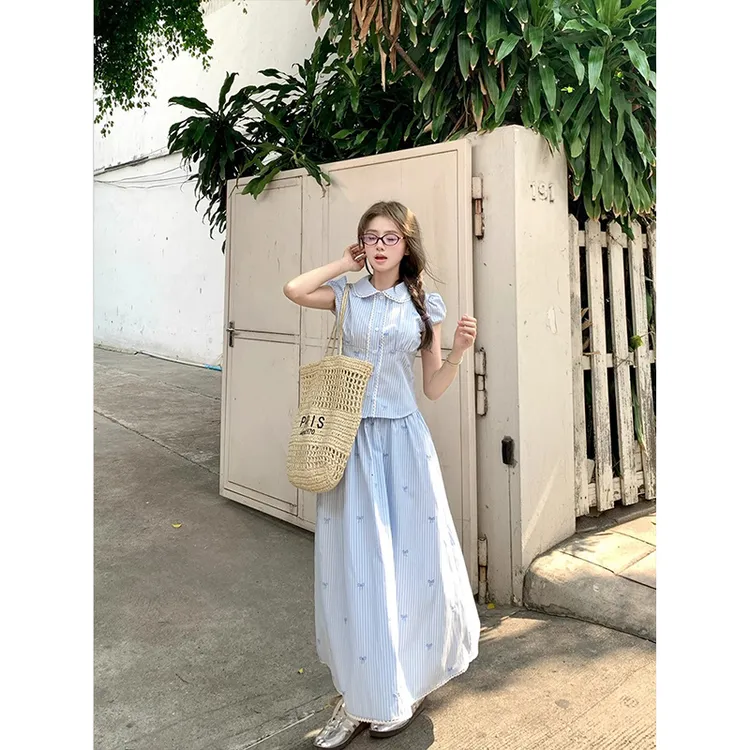 2025航海日记蓝色条纹娃娃领衬衫半身裙子女套装文艺夏季法式新款