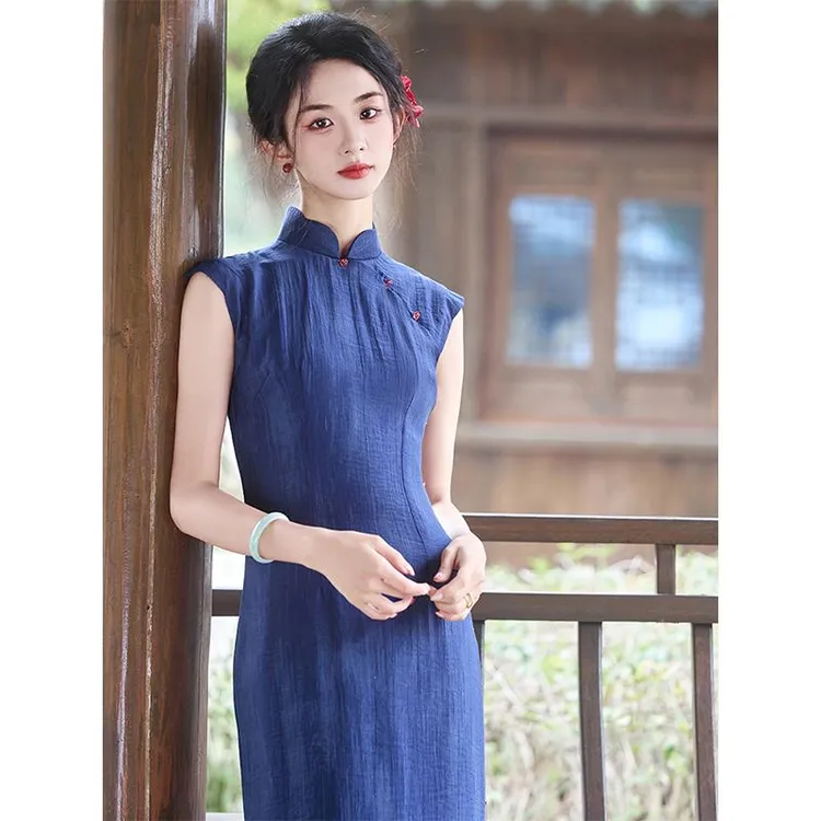 文艺旗袍2025年新款素雅复古气质年轻款改良蓝色日常连衣裙女夏季