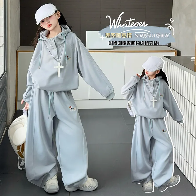 秋季女童纯色厚款女童花边卫衣套装春秋设计感香肠狗卡通时尚2025