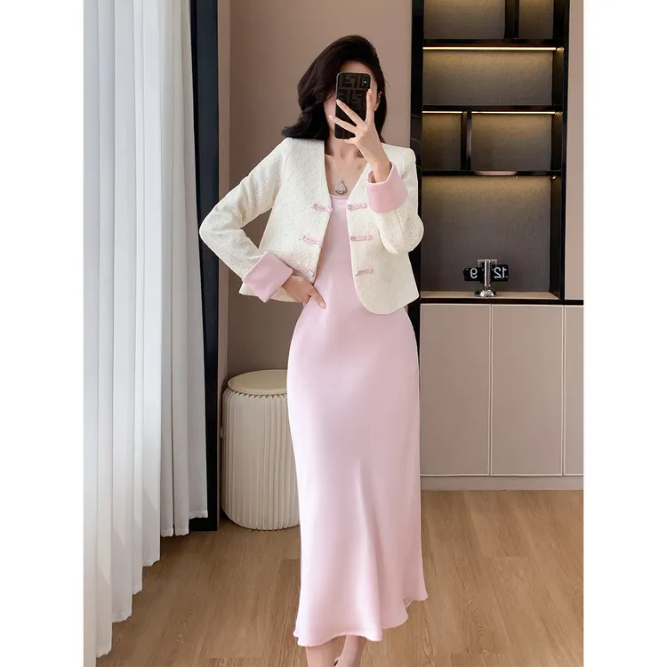2025春季新款新中式国风蕾丝盘扣+缎面吊带连衣裙两件套