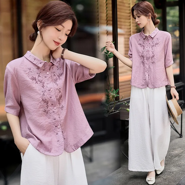 中国风时尚天丝麻套装2025夏季新款大码女装宽松休闲阔腿裤两件套