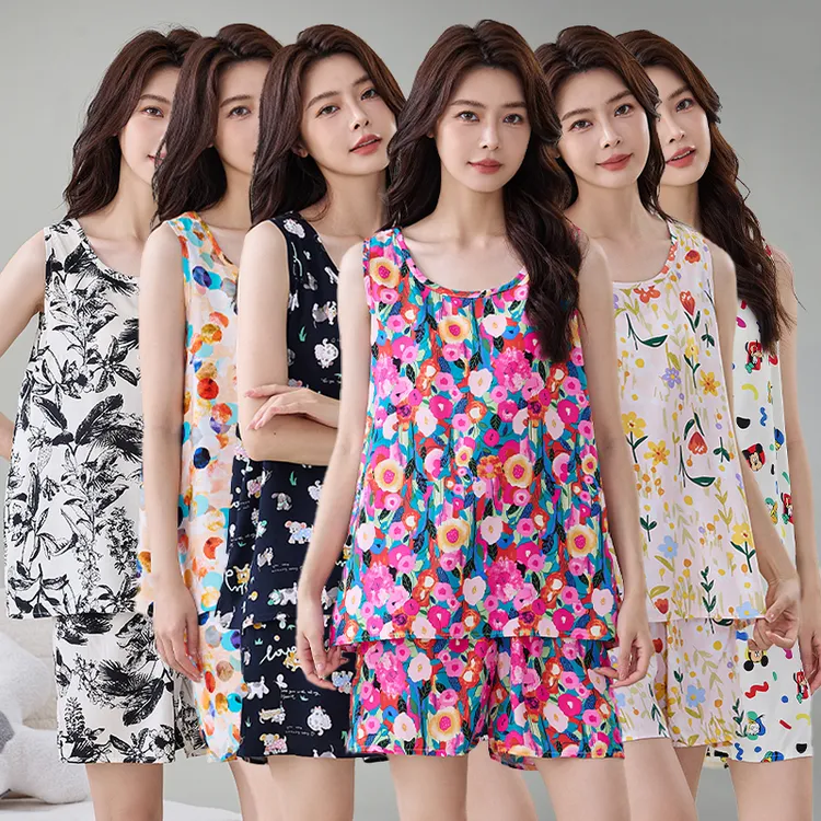 夏季无袖背心棉绸睡衣短袖两件套装女士夏天吊带薄款人造棉家居服