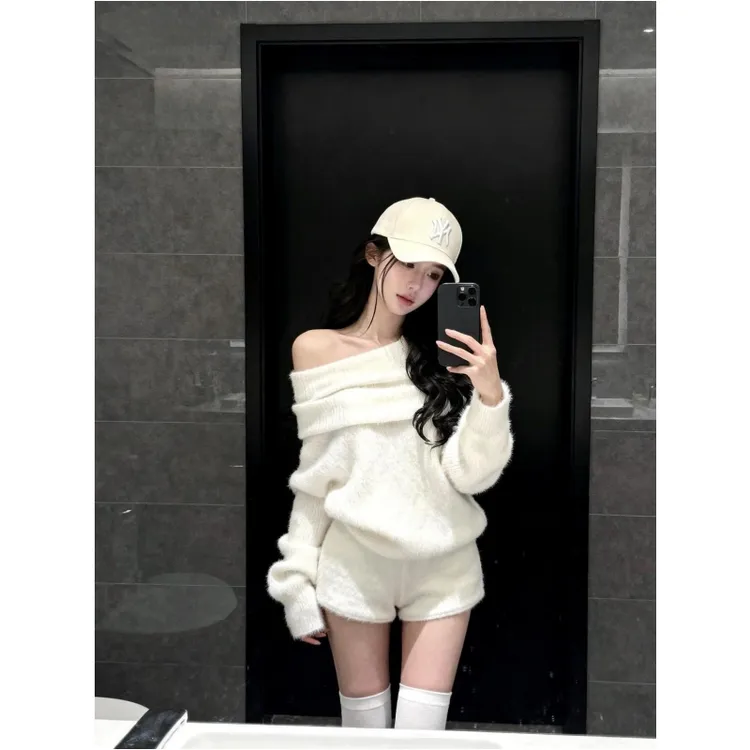 一字肩宽松慵懒风长袖毛衣衫女秋季辣妹套装休闲直筒短裤两件套装