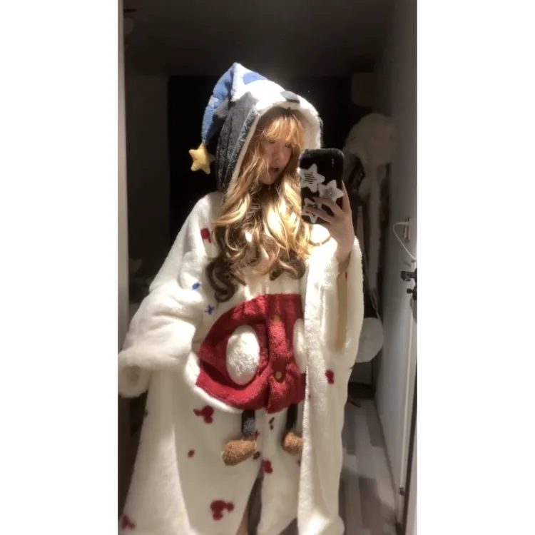可爱少女米奇连帽珊瑚绒睡袍女款秋冬新款大码加绒加厚保暖家居服