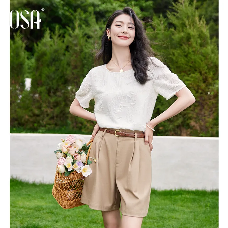 OSA/欧莎 流苏剪花短袖衬衫女夏宽松气质轻薄雪纺衫S125B17015