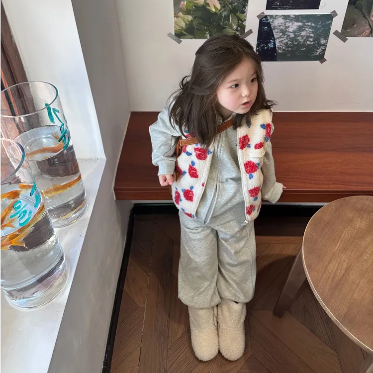 壹妈童装女童韩版秋冬时尚套装洋气女宝马甲灰色加绒卫衣两件套