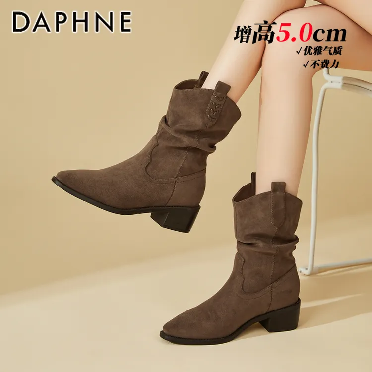 达芙妮尖头粗跟堆堆靴女短靴2025冬季新款百搭高跟弹力绒面瘦瘦靴