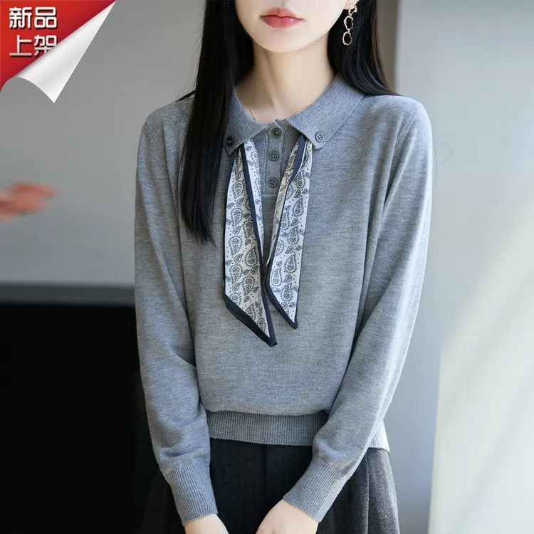 品牌新款冬季POLO领长袖针织衫丝巾显瘦打底衫纯色时尚百搭打底衫