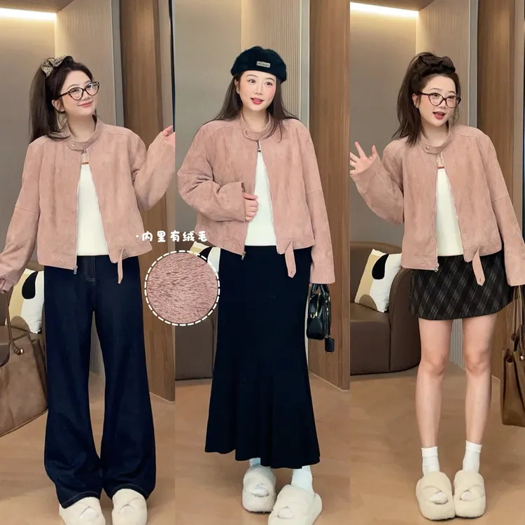 大萌萌【现货】秋冬麂皮绒保暖带绒毛短外套微胖显瘦百搭P225T18645