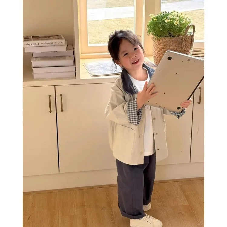 25早秋新款男女童两面穿夹克格子外套百搭洋气韩版女宝宝儿童外套