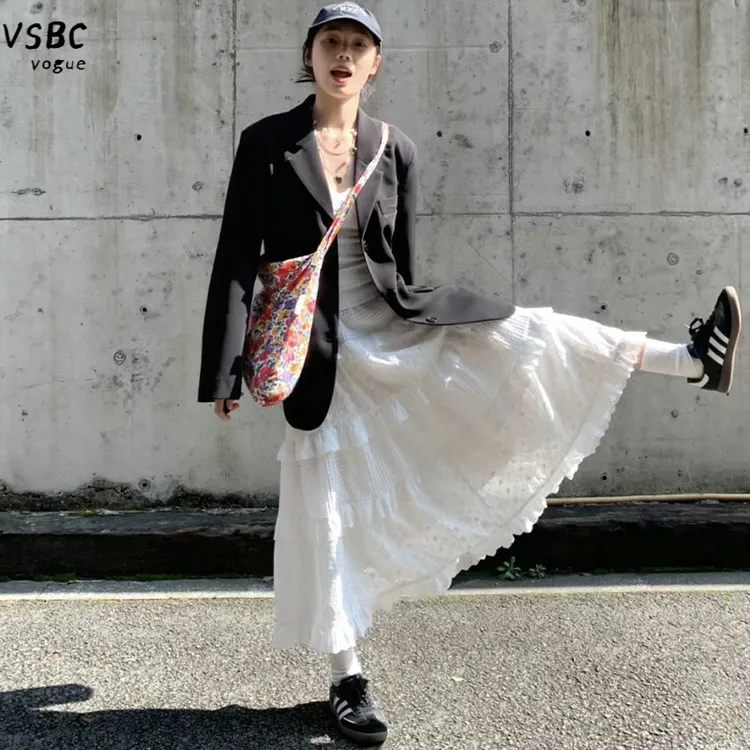 VSBC白色蛋糕裙女半身裙2025春秋新款高腰a字芭蕾风气质蓬蓬长裙