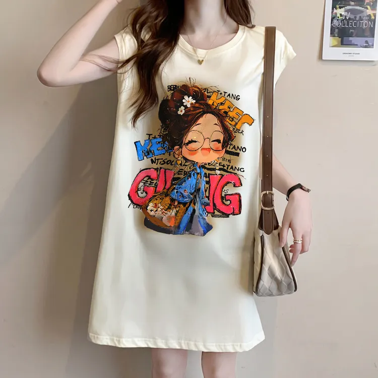 宽松oversize坎肩纯棉背心T恤裙2025夏季新款卡通减龄无袖连衣裙
