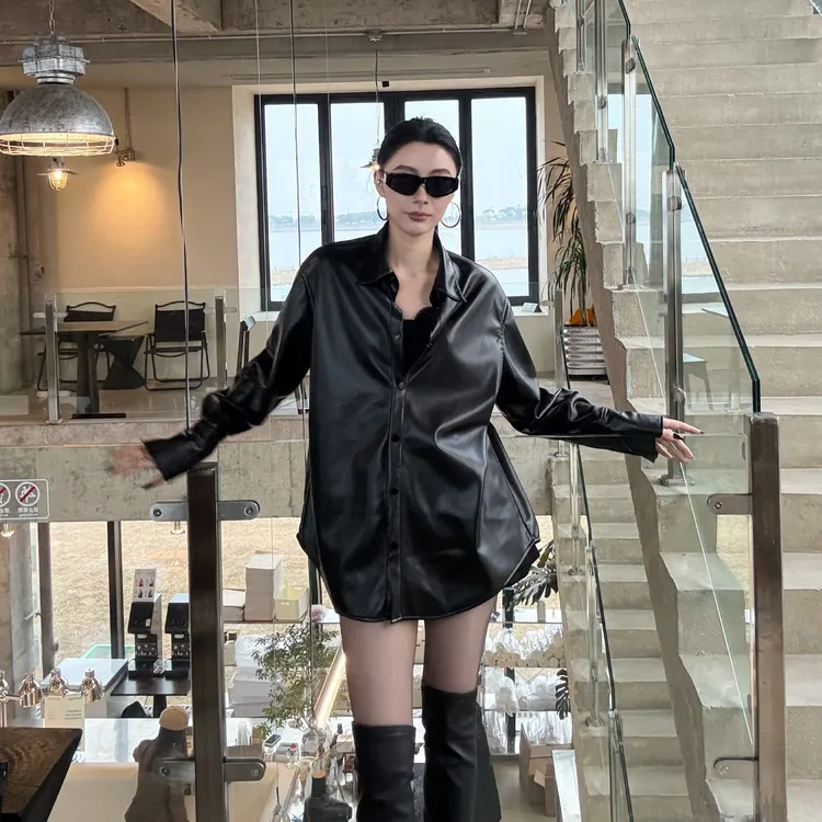 【鸽子的衣橱】|战神|亮面绒里皮衬衫骑士风短款长款通勤百搭显瘦