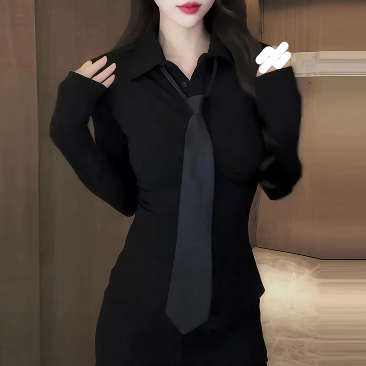 韩系时髦学院风领带长袖衬衫女2025秋冬装新款修身收腰高级感上衣