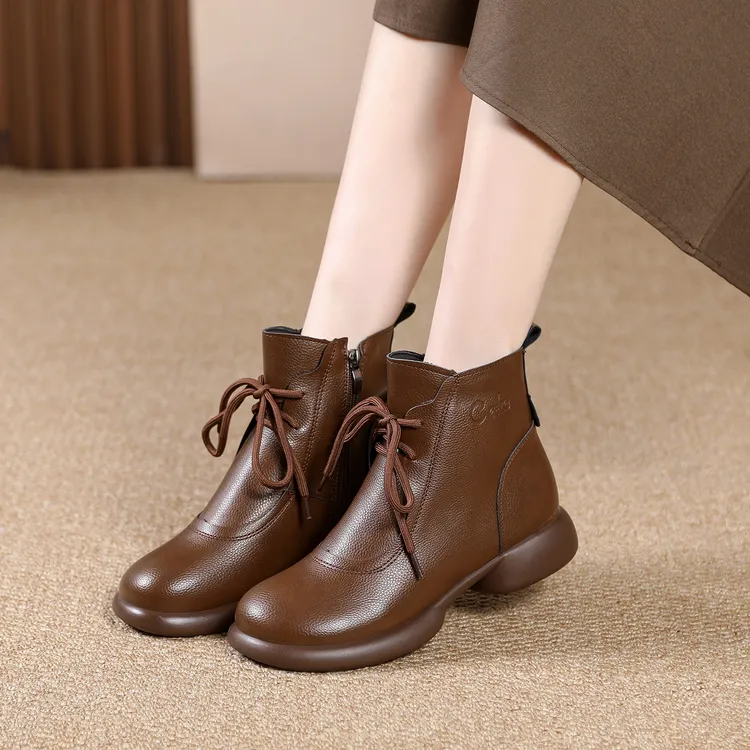 2025圆头低跟真皮系带瘦瘦靴防滑秋冬休闲风百搭舒适不累脚短靴