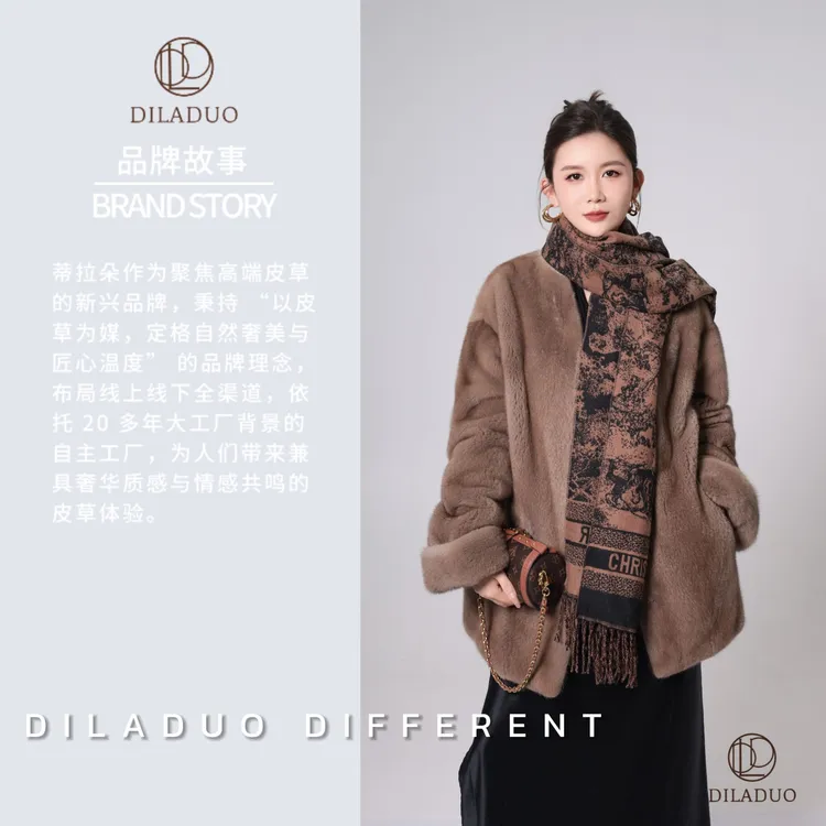 【锦一】品质短二水貂女皮草外套V领挽袖海宁水貂100%貂皮大衣女