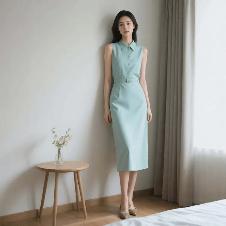 夏季新款女装时尚穿搭气质无袖衬衫连衣裙收腰女士高端通勤洋气潮