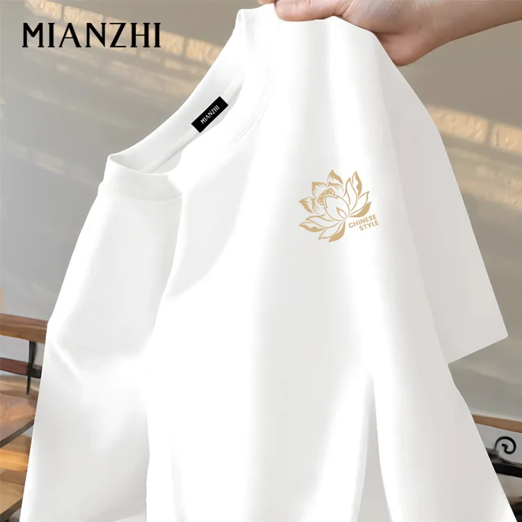 棉致品牌新中式莲花白色纯棉短袖t恤2025新款内搭半袖上衣服男款