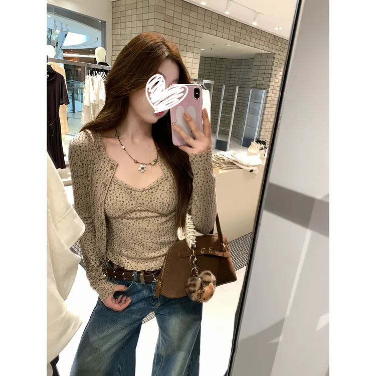 【巧巧可颂】早秋新款软糯碎花开衫女内搭吊带上衣两件套套装Y3198