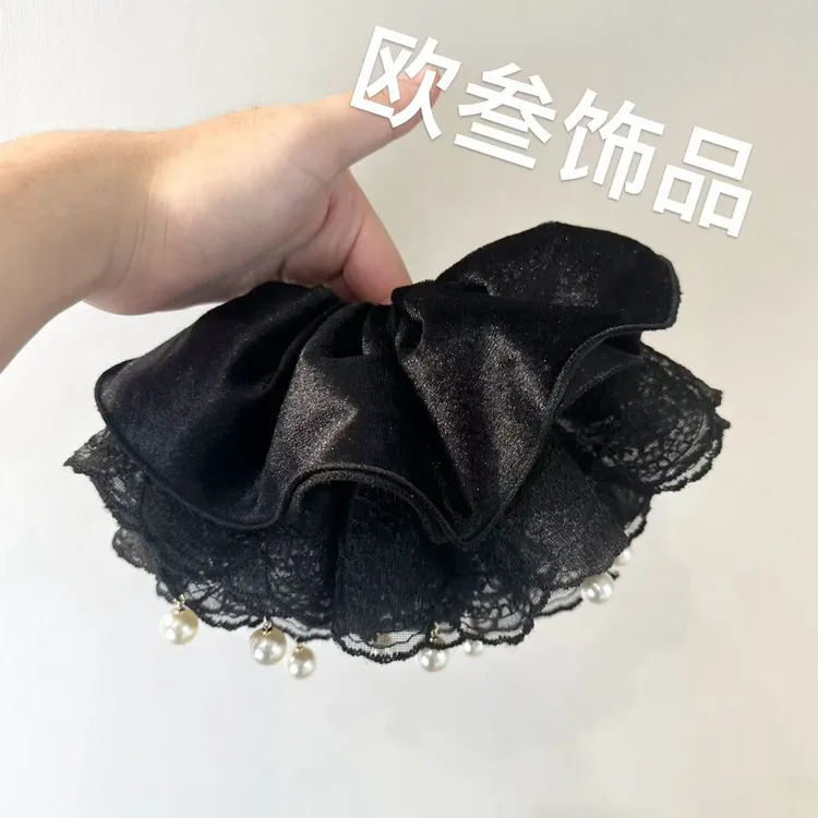 dcq775大版褶皱丝绒蕾丝单圈大肠圈发饰高级百搭纯手工头饰