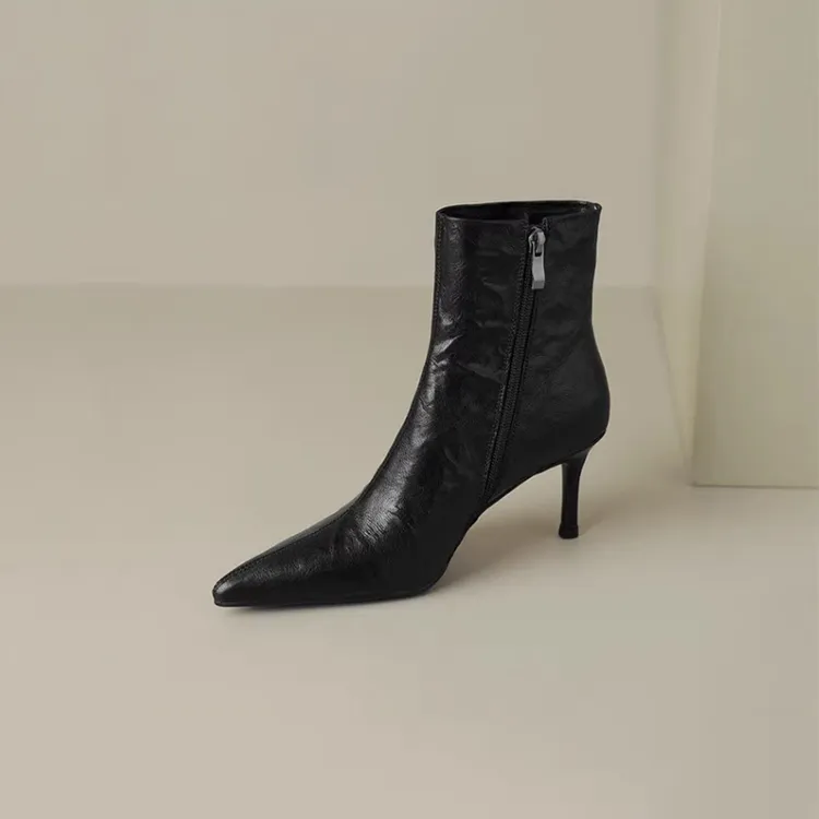 真皮断码清仓法式尖头细跟高跟短靴女2025新款秋冬时装瘦瘦靴皮靴