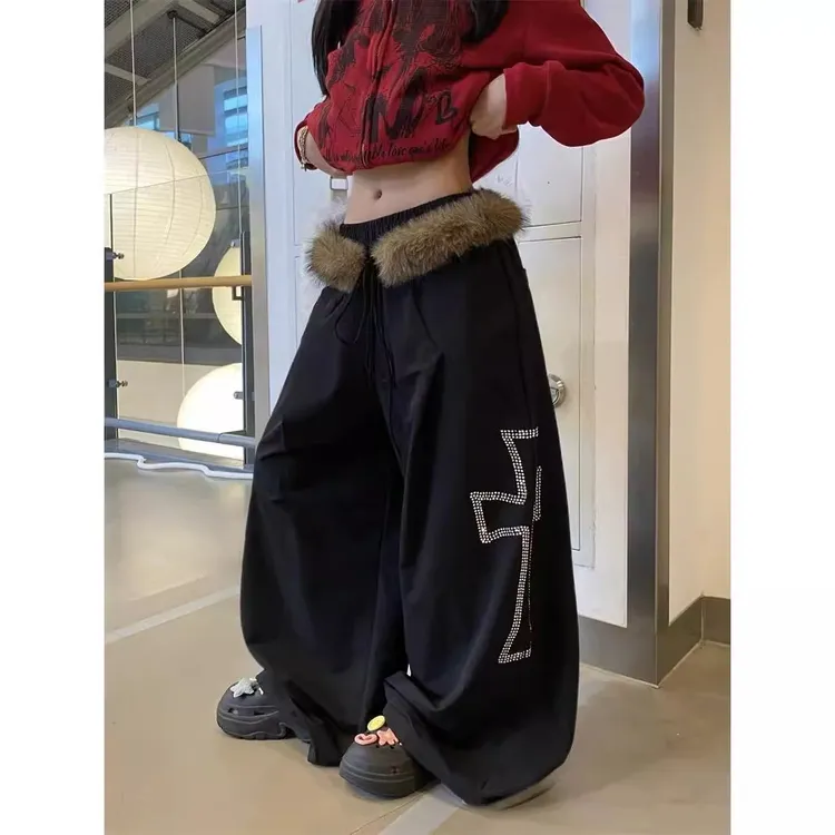 美式可拆卸毛领烫钻十字架阔腿休闲裤男女宽松休闲直筒长裤显瘦