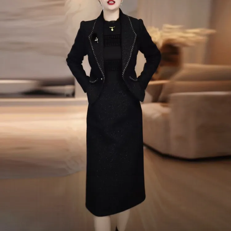 亮丝精纺加厚小香风套装裙2025秋冬季新款黑色保暖两件套连衣裙子