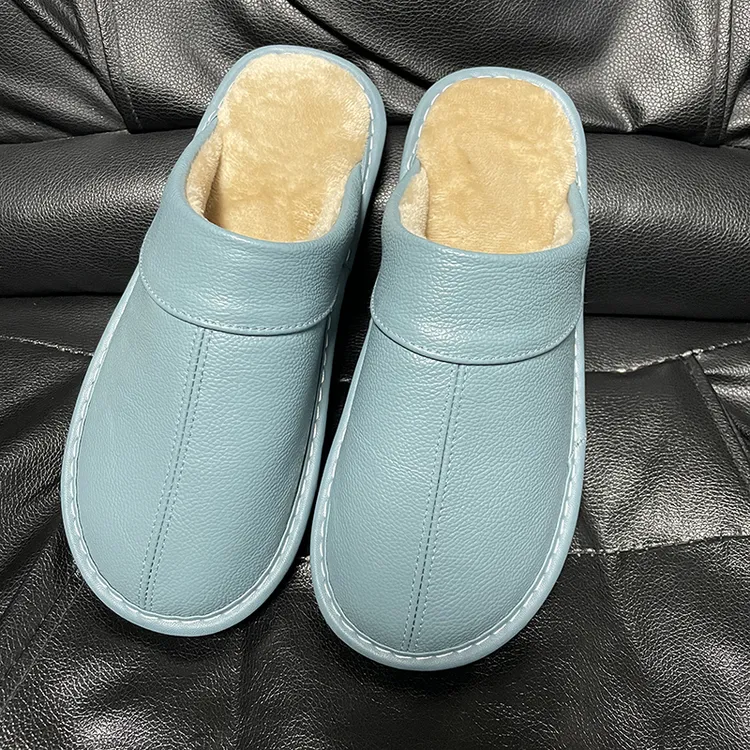 海宁牛皮真皮男女家用室内防滑保暖厚底毛绒棉拖鞋冬季适用居家鞋