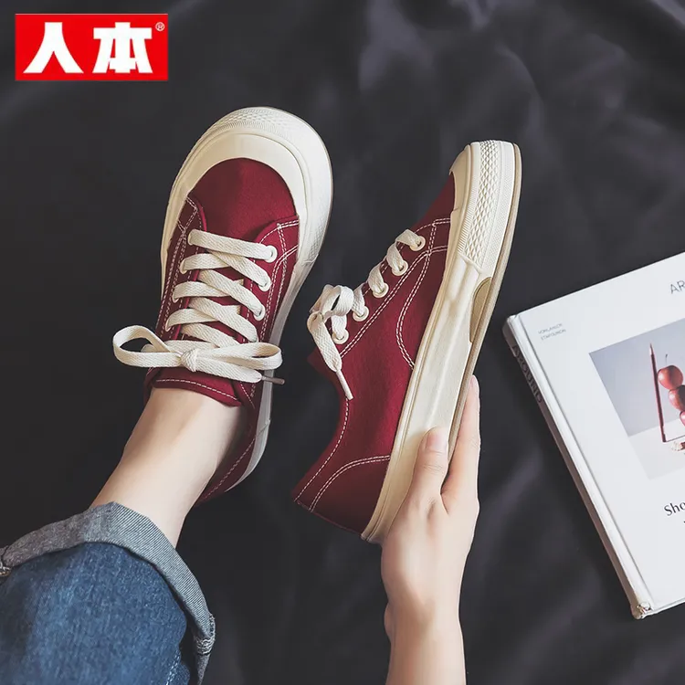 人本正品厚底帆布鞋女2026新款春季透气红色休闲增高板鞋爆款鞋子
