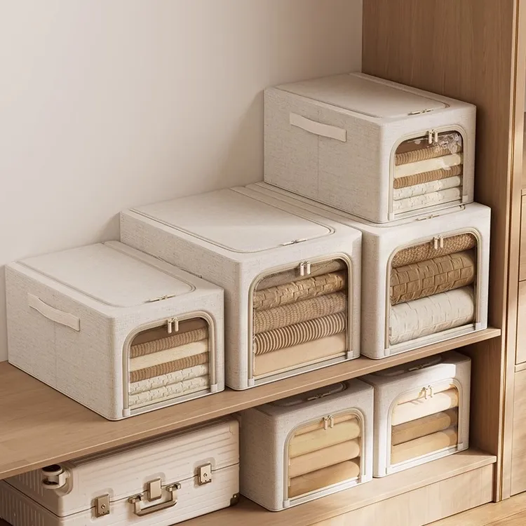 窄款天山棉麻收纳箱喷塑钢架防潮防霉环保PP底板箱家用折叠收纳箱