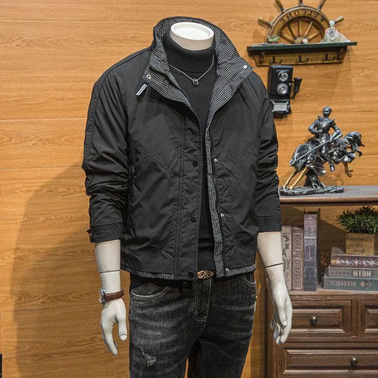 2025春秋季新款立领外套男爆款格子上衣潮流修身青年外穿工装夹克