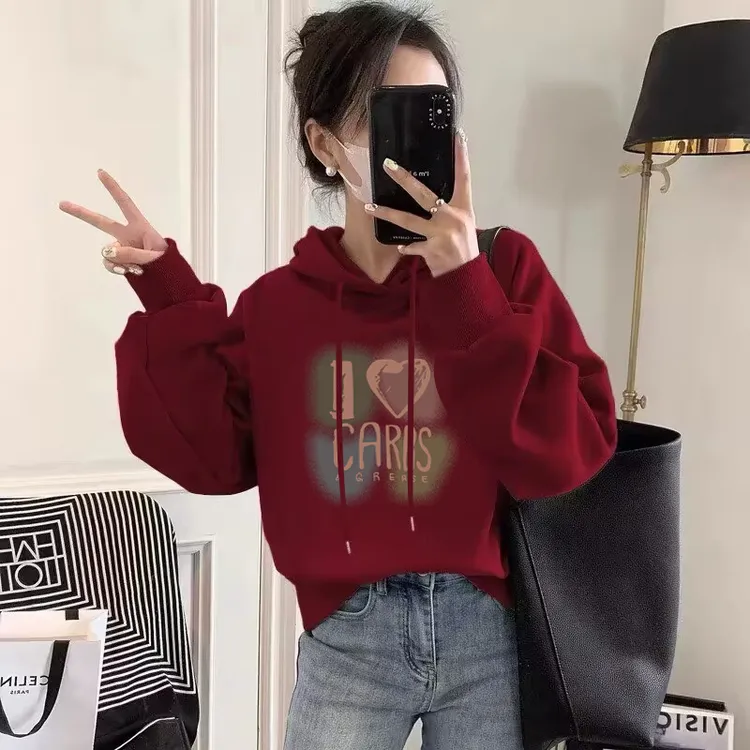 设计感小众秋冬新款2026加绒套头红色连帽卫衣女短款宽松韩版外套