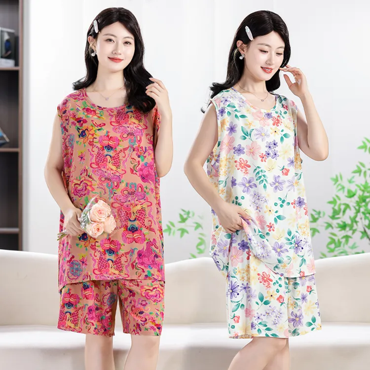 棉绸背心短裤睡衣女士无袖夏季薄款韩版大码宽松绵绸家居服人造棉