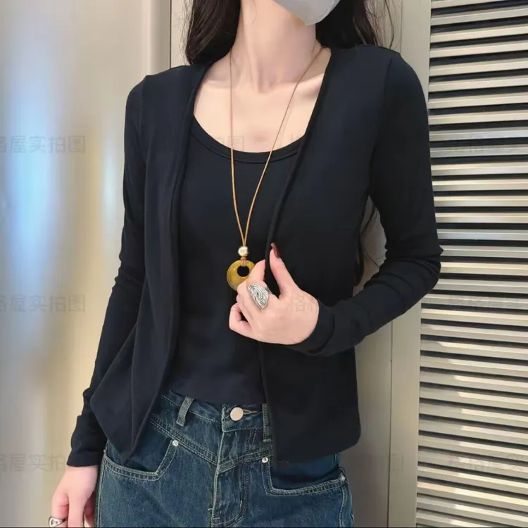 公主请上车~假两件套开衫U领T恤女早秋修身显瘦简约时尚长袖上衣