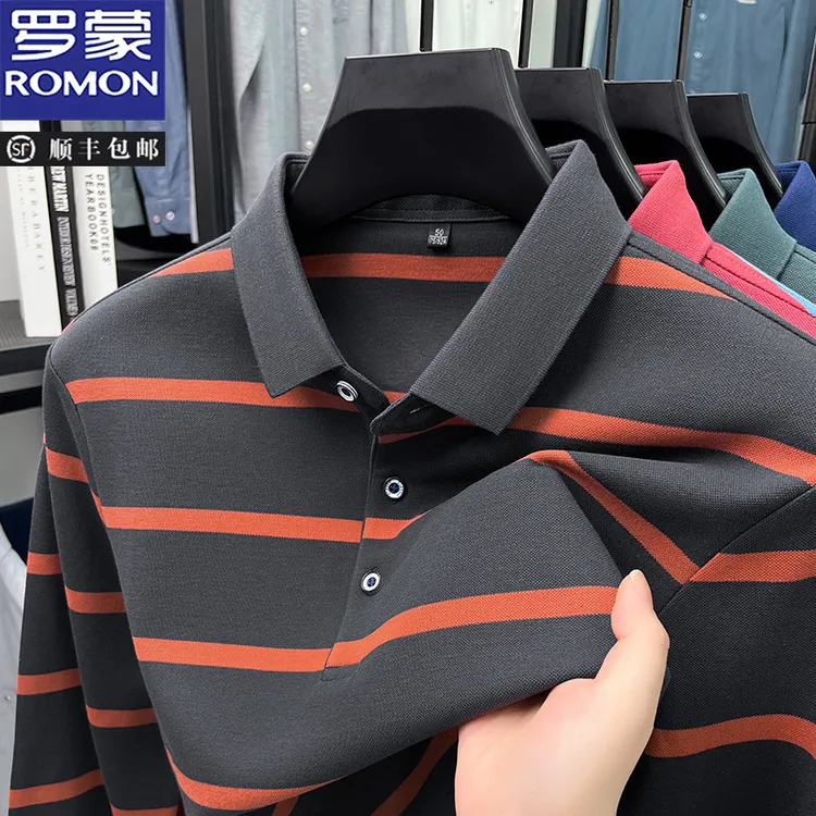 罗蒙秋季2025新款男士长袖T恤翻领纯棉条纹商务休闲爸爸装Polo衫