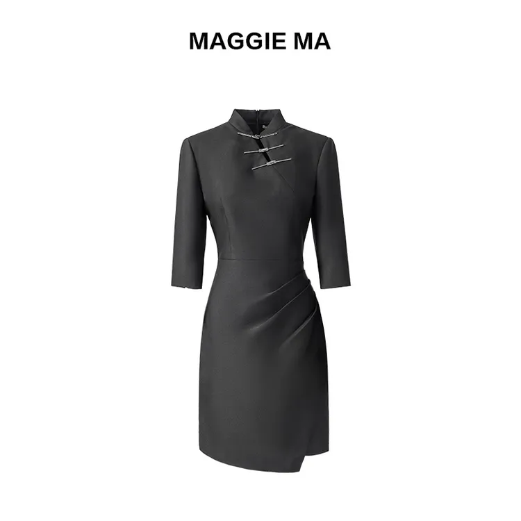 MAGGIE MA马婧设计师款典雅黑小立领国风中式修身立裁连衣裙212D