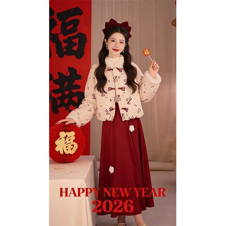 【红枝暮雪】2025冬季复古厚款扣外套立体手工花加绒两件套套装