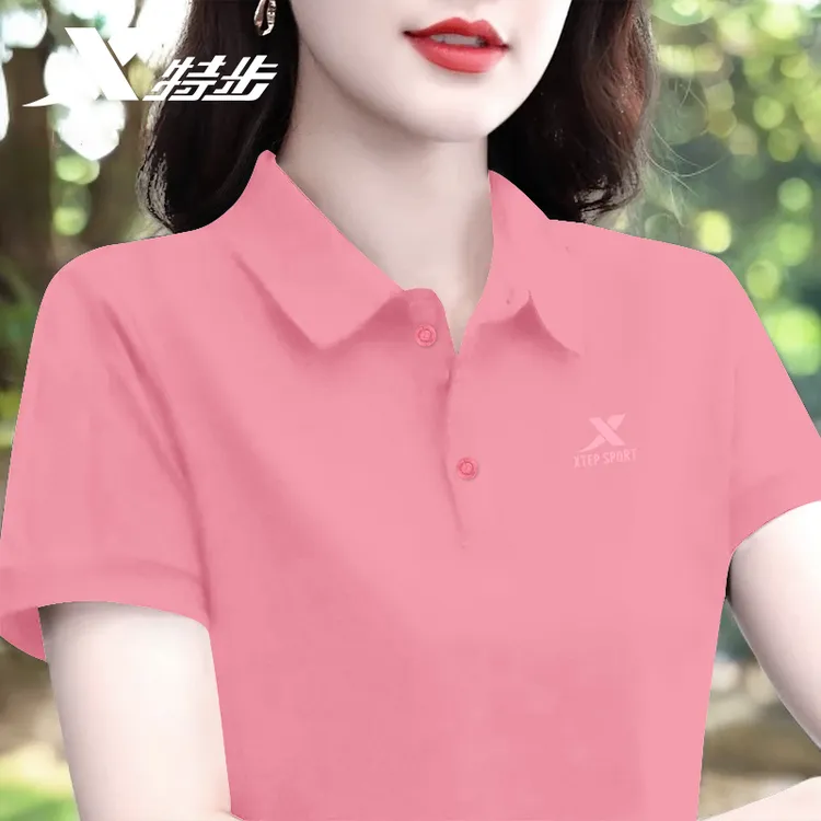 特步短袖T恤夏季透气翻领上衣POLO衫薄款宽松时尚休闲运动服女装