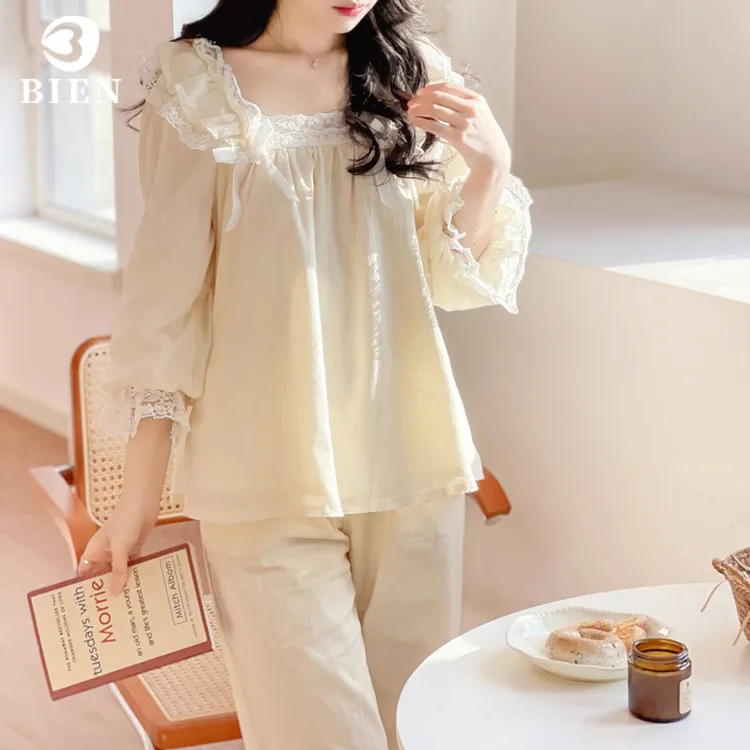 BIEN纯棉宫廷风睡衣女春秋季甜美可爱公主风家居服可外穿套装法式