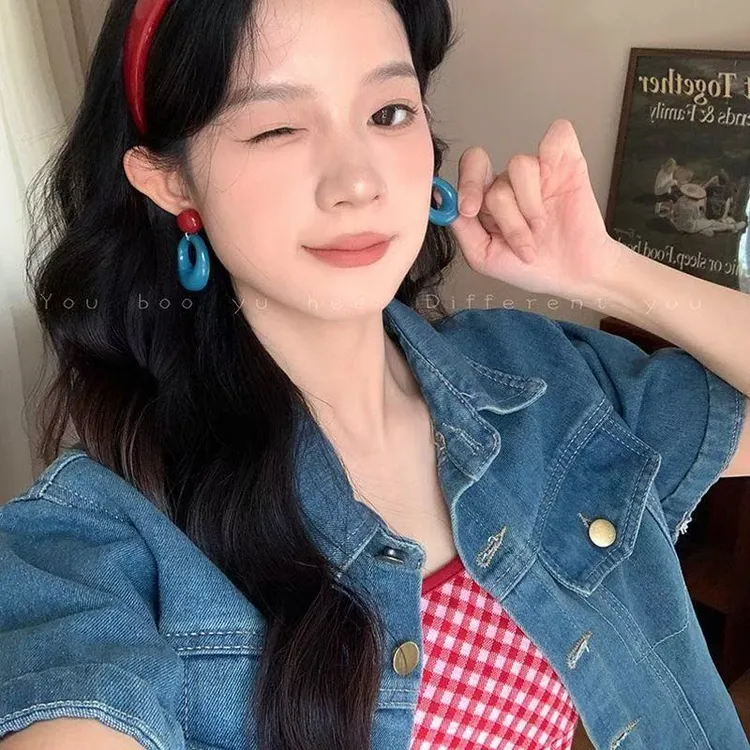 合金亚克力耳饰 女复古/宫廷蓝色简约耳钉糖果色宽边日韩撞色甜美