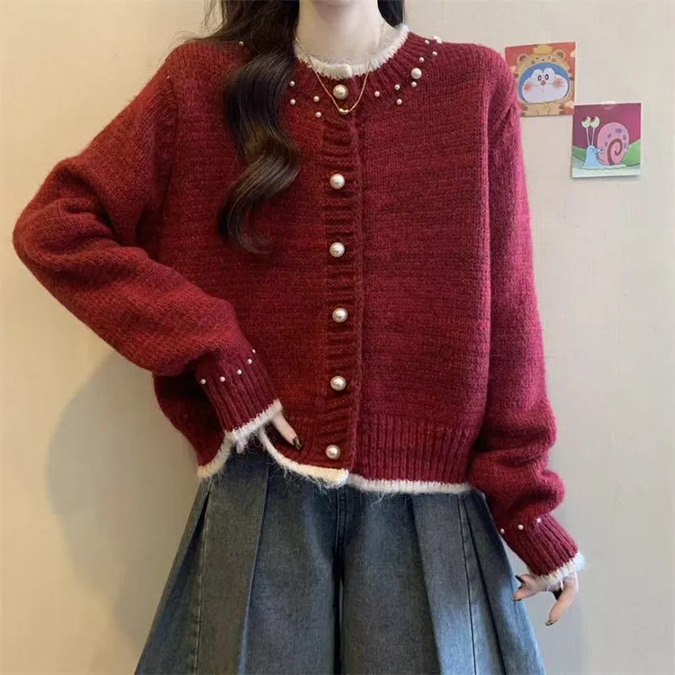 设计感拼色钉珠针织毛衣女2025秋冬季新款宽松超好看独特漂亮上衣