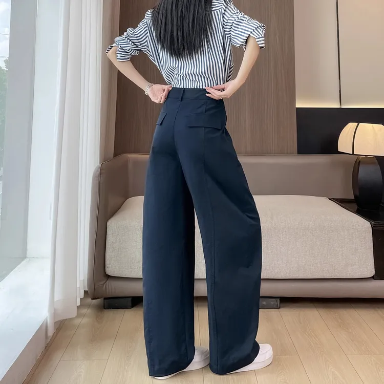 藏蓝色窄版弯刀裤女春秋季2025新款高腰宽松垂感休闲香蕉阔腿裤子