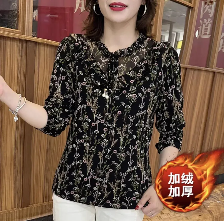 加绒/薄款碎花网纱打底衫2025秋冬新款中年妈妈大码遮肉显瘦保暖