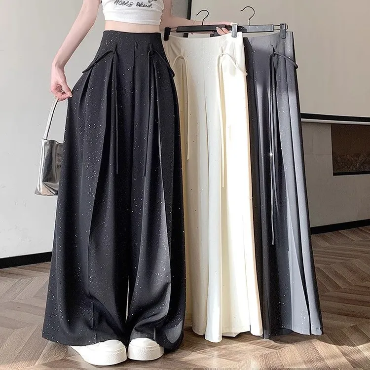 细闪亮片西装休闲裤女2025阔腿裙裤垂坠感高腰显瘦宽松拖地裤