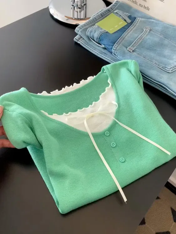 浅春系设计感小众上衣别致独特绝美多巴胺绿色假两件针织短袖T恤