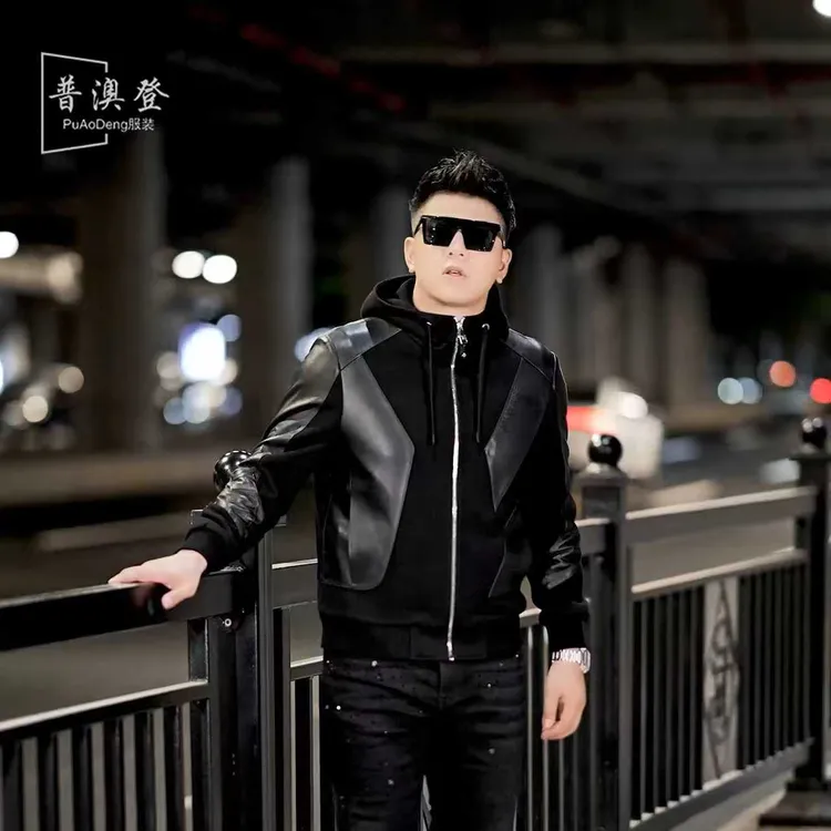 2025男士夹克秋季新款轻奢时尚百搭休闲羊毛呢拼绵羊皮连帽外套